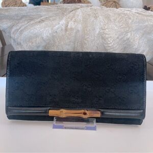GUCCI GG Bamboo Black Canvas Leather RFlap Long Wallet